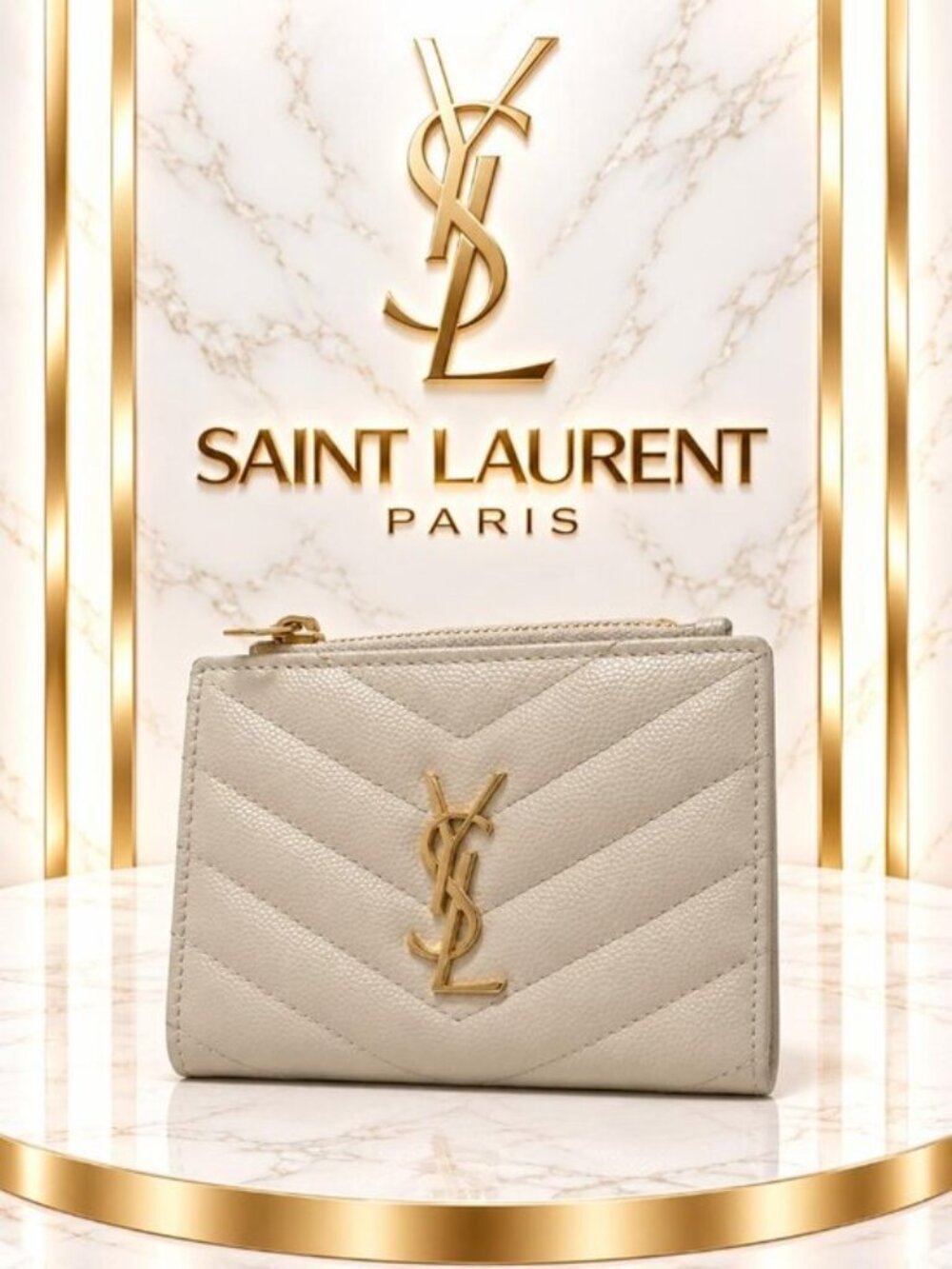Saint Laurent YSL Monogram Quilted Cream Leather Zip Card Holder Wallet